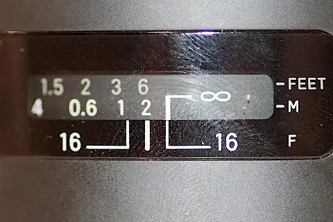 A typical focus scale on a lens. Related to aperture showing the distance the lens is focused at and the length of in- focus area.