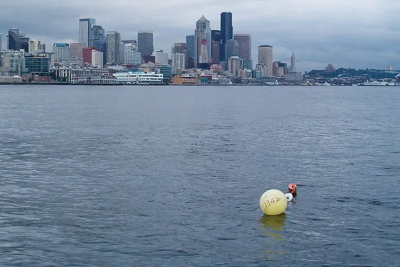 Seattle skyline from water, Shrimp gear buoy in foreground One of few images I was  happy with when starting out in photography.